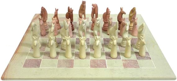 Global Crafts Soapstone Animal Chess Set - Hand-Carved 15 in African Set - Ages 13 and Up
