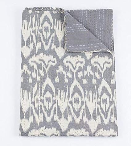 YUVANCRAFTS Indian Ikat Print Kantha Quilt Handmade Pure Cotton Kantha Quilt Queen Blanket Bedspreads Throw