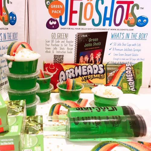 Jello Shots Party Kit - Lucky Charms Green Party Pack - Makes Over 50 Large 2oz Jello Shots - Includes Jello Shot Recipes eBook, Jello Syringes, Mini Cups with Lids, Rainbow Candy, Dessert Gelatin