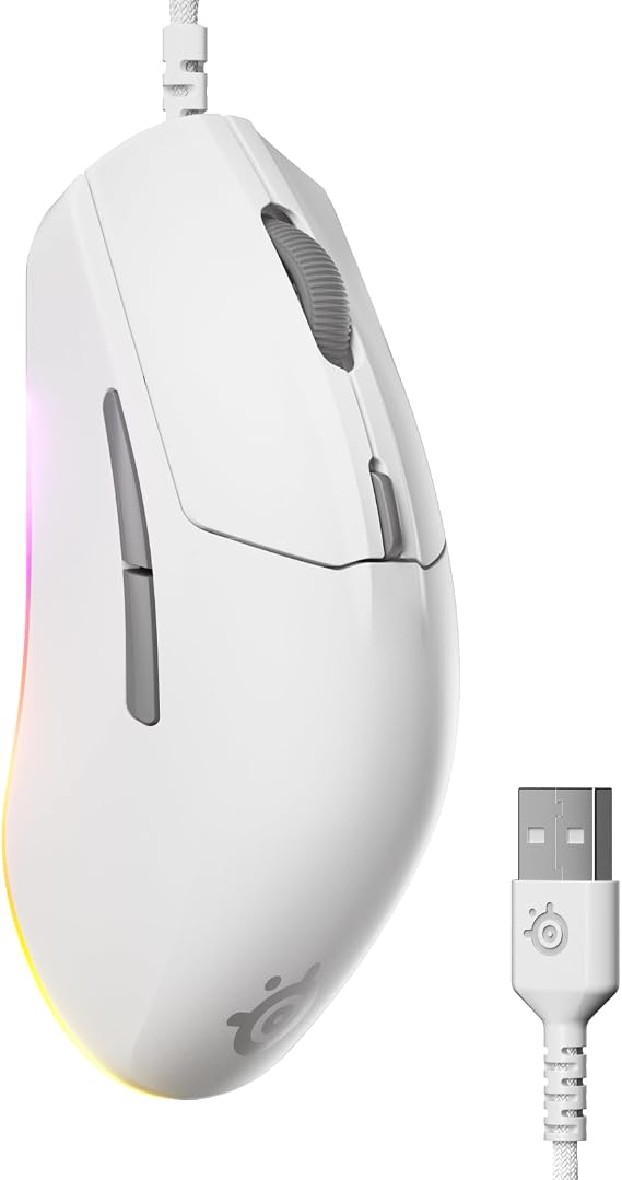 SteelSeries Rival 3 Gen 2 Gaming Mouse - 8500 DPI TrueMove Core Optical Sensor - 60 Million Click Durability - Low Latency - 77g Lightweight - 100% PTFE Feet - RGB - White