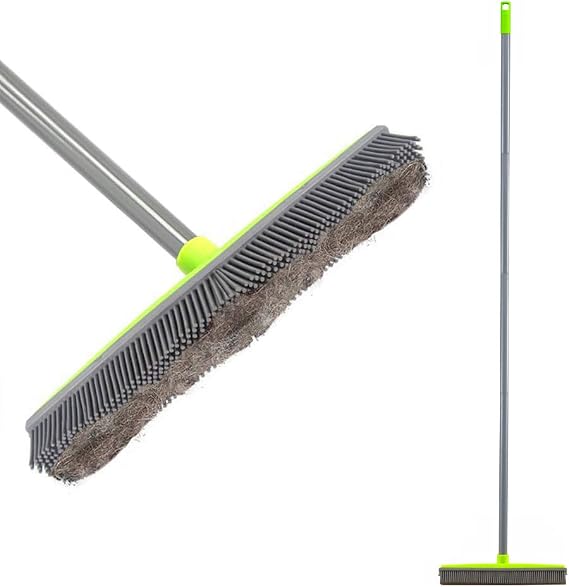 Rubber Broom Indoor with 59 inch Long Handle & 12.6 inch Squeegee Edge, Sweeping Brush Artificial Grass Rake Garden Broom Outdoor for Pet Cat Dog Hair Carpet Tile Clean (Multi Segment Handle)