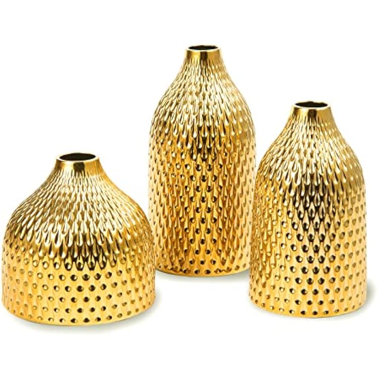 Ceramic Vase Set - 3 Small Vases, Luxurious Home Decor, Great for Centerpieces; Ideal Shelf Decor, Table Decor, Bookshelf, Mantle, Entryway- Gold