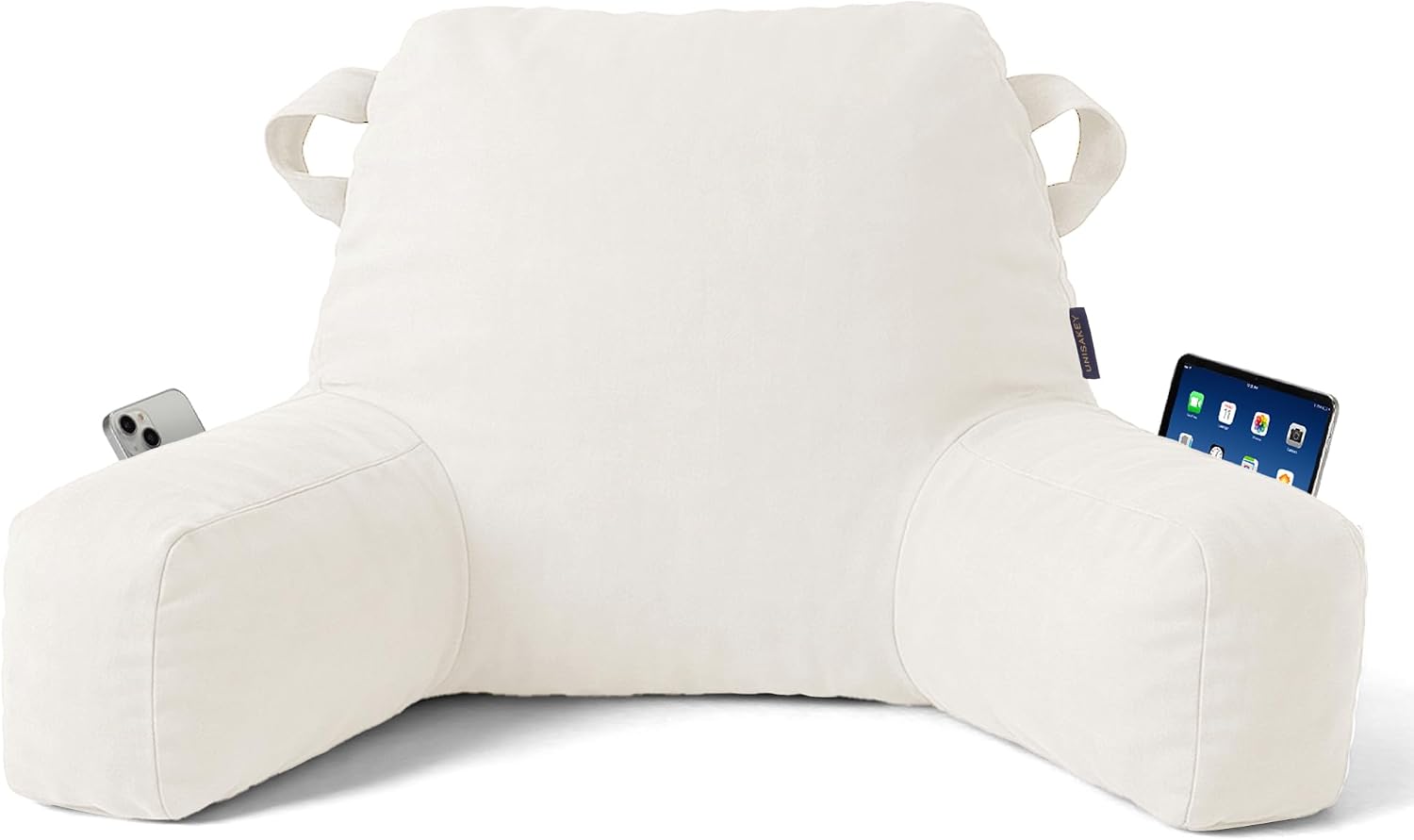 Portable Comfy Reading Pillows for Bed Sitting UpBeige Oeko-Tex, Velvet Back Pillow with Arms & Pockets for Adults, Support Memory Foam Bed Pillow for DormReadingWatchingGaming