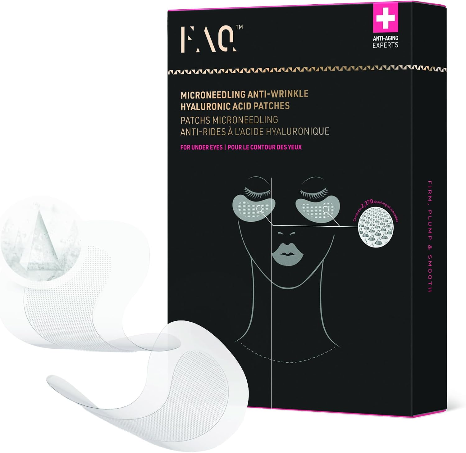 FAQ Microneedle Anti Wrinkle Hyaluronic Acid Under Eye Pads – Pads Against Under Eye Swelling and Bruising – Instant Effect – Travel Friendly – 3x2 Pieces