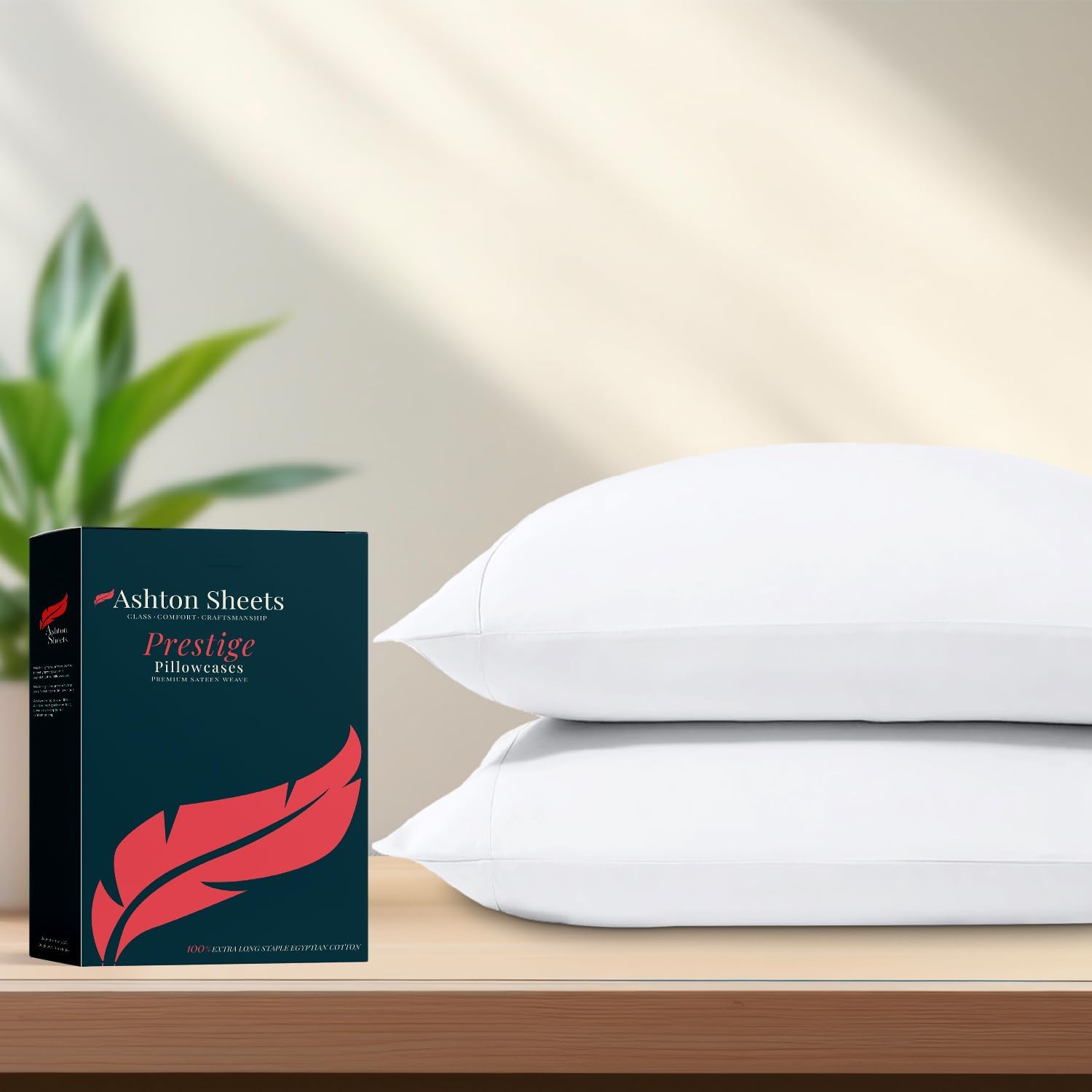Ashton Sheets 100% Egyptian Cotton Pillow Cases Standard/Queen Size Set of 2 - Luxury 1500 Thread Count Sateen White Pillow Cases, Silky Soft Cotton Pillowcases Fits Standard & Queen Size Pillows