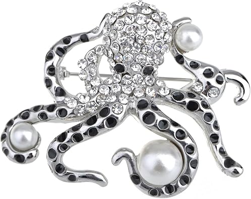 Alilang Silver Tone Faux Pearl Clear Crystal Colored Rhinestones Octopus Brooch Pin