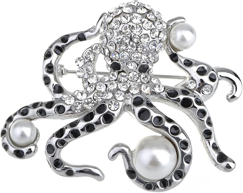 Alilang Silver Tone Faux Pearl Clear Crystal Colored Rhinestones Octopus Brooch Pin