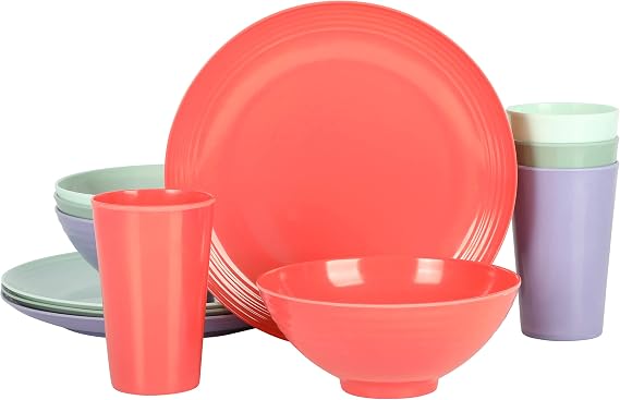 Gibson Home Zelly 12 Piece Embossed Coupe Melamine Dinnerware Set - Orange, Green, Teal, Purple, Service for Four (12pcs)