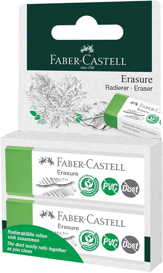 FABER-CASTELL 187251 silgi, PVC içermez, toz tutmaz, yeşil, blister ambalajda iki silgi