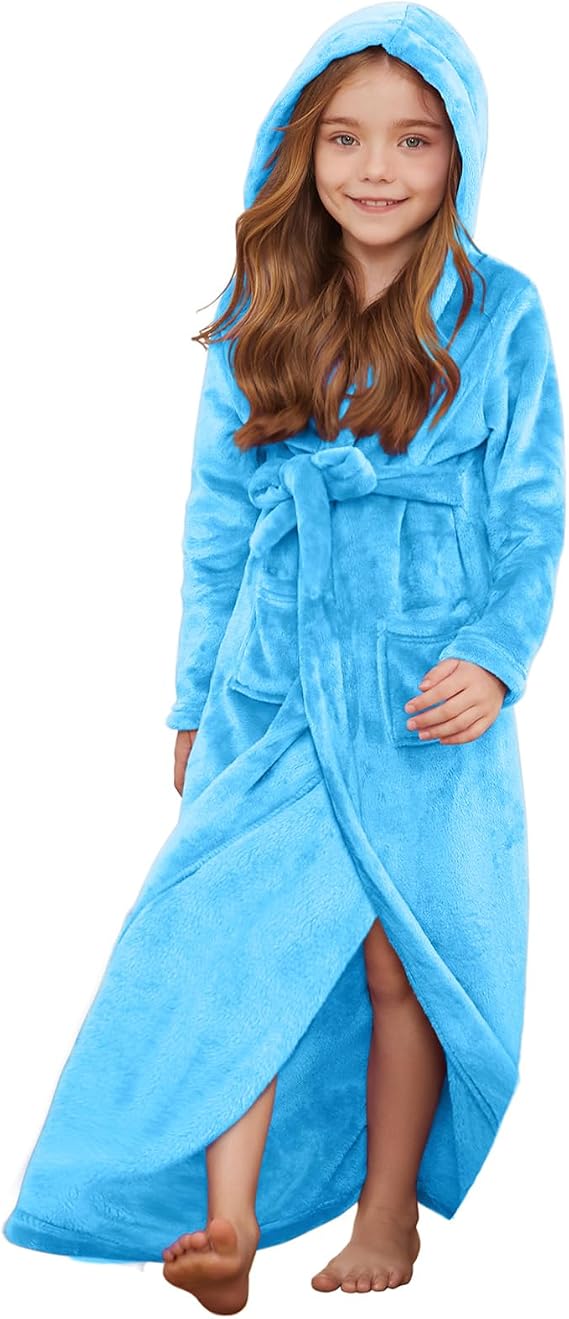Jxstar Girls Bathrobes Kids Long Hooded Robes Plush Full Length Coral Fleece Pajamas Sleepwear