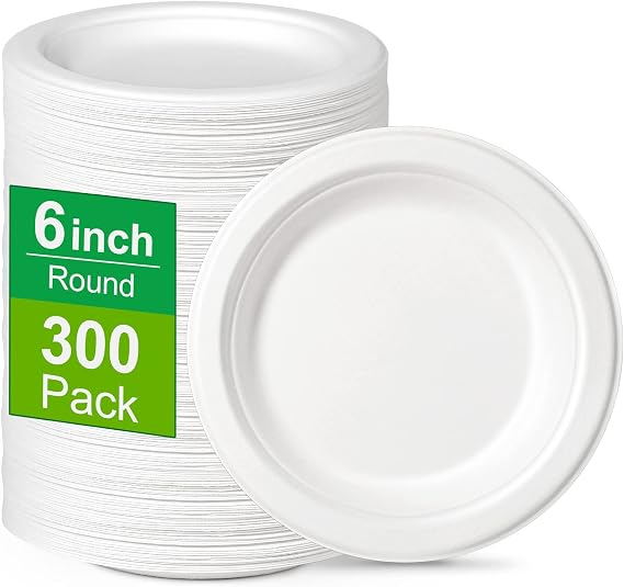 300 Pack 6 inch Paper Plates, Small Paper Plates Bulk, Disposable Dessert Paper Plates, Compostable Plates Made from Sugarcane Fibers, Recycled Plates, White