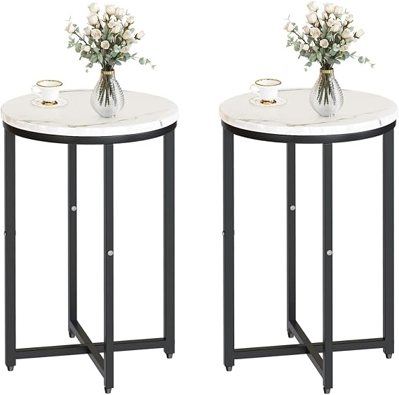 DKLGG Modern Black Side Table Set of 2, Small Coffee Table Round End Table with Black Frame, Faux Marble Bedside Table for Living Room, Bedroom, Small Space, 16" D*24" H