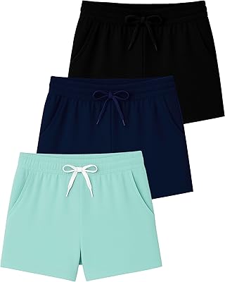 Real Essentials 3 Pack: Girls Lounge Soft Comfy Shorts with Drawstring - Everyday Shorts for Kids Youth Teens with Pockets