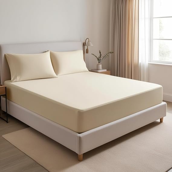 200 Thread Count 100% Egyptian Cotton Fitted Sheet - Extra Deep 16''/40cm Luxury Bottom Sheet - Ultra Soft Stretchable Deep Pocket Bed Sheet (Cream, Double)