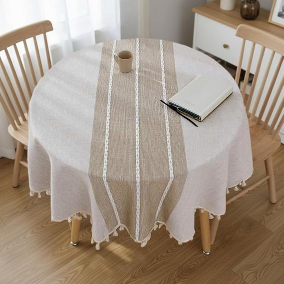 Round Tablecloth 55 Inch (140cm) - Coffee Linen-Look Polyester Table Cover with Tassel Trim, Wrinkle Free & Wipeable for Dining, Kitchen, Parties