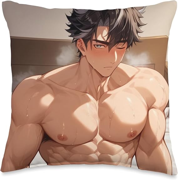Sexy Dark Haired Anime Boy Pecs Bara Tiddies Gay Yaoi Manga Throw Pillow