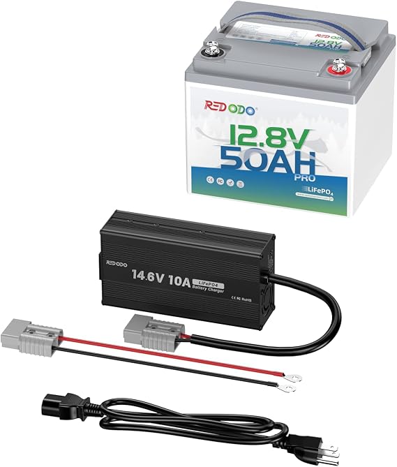 Redodo 12V 50Ah LiFePO4 Battery with 14.6V 10A Charger Set
