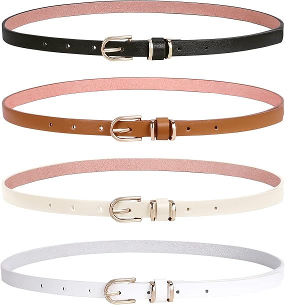 LEACOOLKEY 4 PACK Skinny Leather Belt for Women Dress Thin Waist Belt with Gold Buckle for Jeans