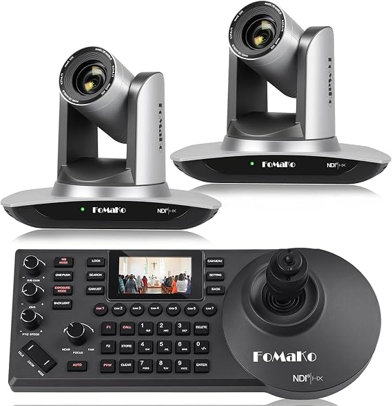 FoMaKo NDI HX3 PTZ Camera Set 20x Optical Zoom AI Car Tracking with HDMI/USB3.0/LAN (PoE) for YoTube vMix OBS Live Streaming with 2 x FMK20UH NDI Camera (Silver) + 1 x NDI PTZ Controller (BN402)