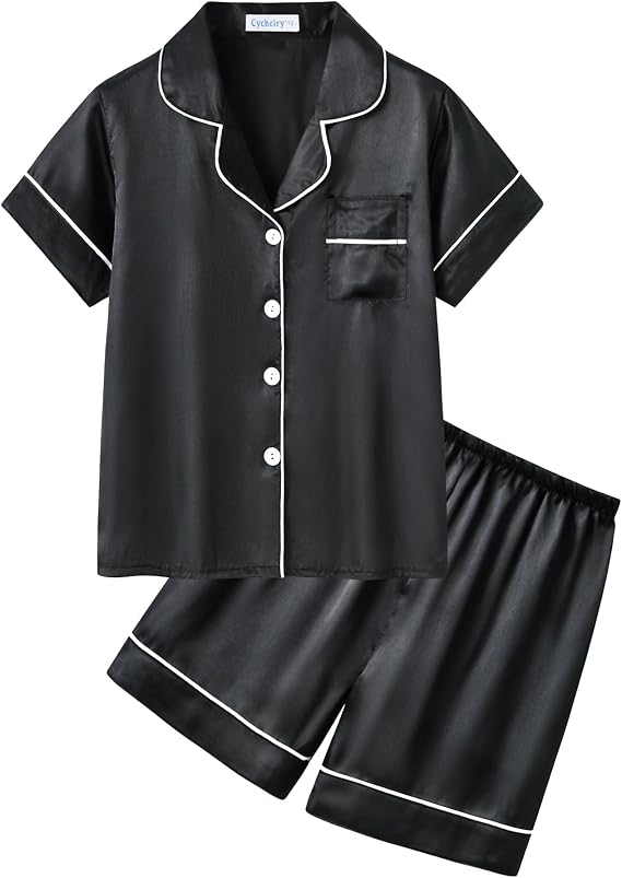 Big Girls Satin Pajamas Summer Short Sleeve Button Down Silky Nighty PJS 2PCS Sleepwear Set Size 8-16