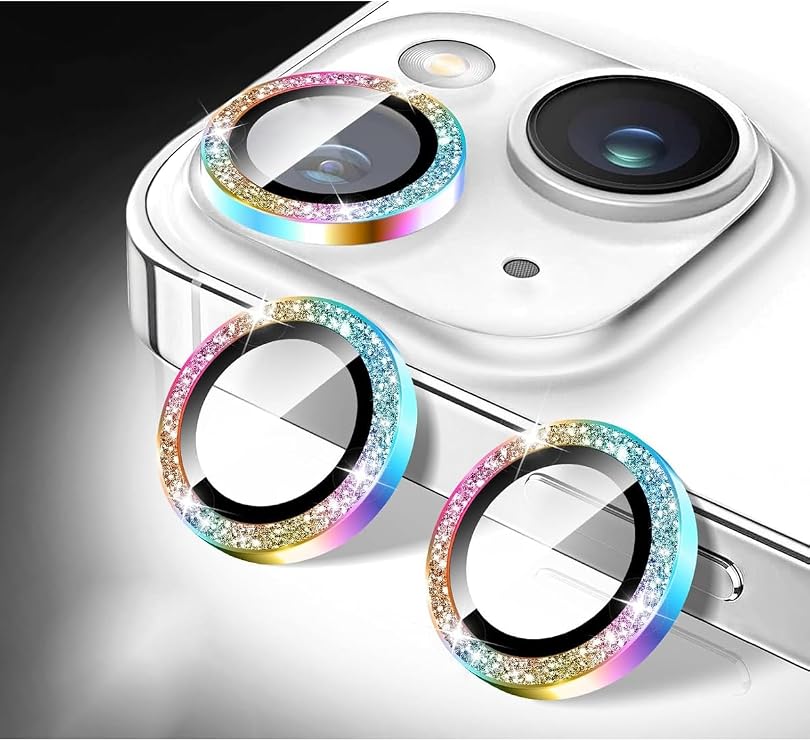Powerfox iPhone 13/13 Mini Uyumlu Alüminyum Alaşım Işıldayan Simli Kamera Lens Koruyucu, 2'li Set, Şeffaf
