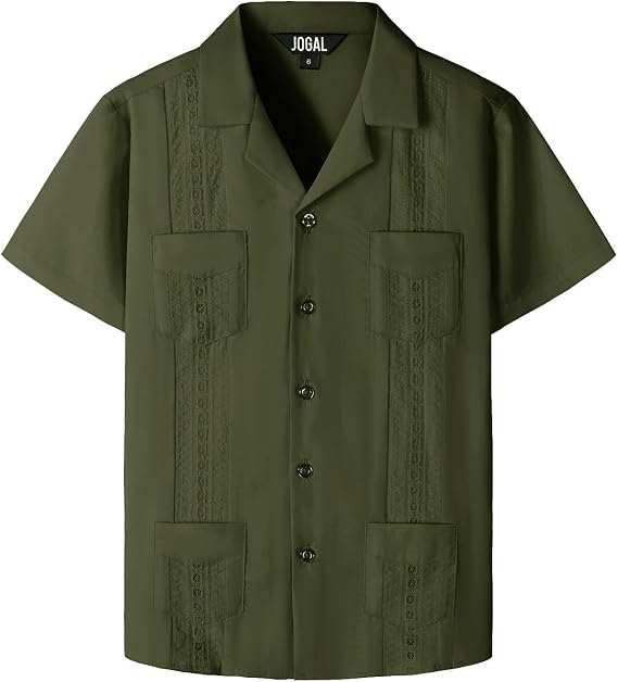 JOGAL Boys Guayabera Shirts Cuban Short Sleeve Casual Button Down Shirt