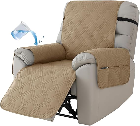 Armchair Covers,Recliner Sofa Covers,Recliner Chair Cover with 6 Side Pockets,1 Seat Waterproof Sofa Cover with Elastic Straps,Settee Covers Slipcover for Kids,Pet dog,Furniture Protector (Khaki)