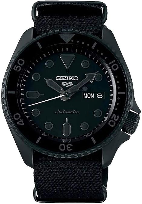 SEIKO Watch for Men - 5 Sports - Automatic | Manual Winding Movement, Black Dial with Bezel, Stainless Steel Case, Nylon Strap, Day/date Display, 10 Bar Water-Resistant