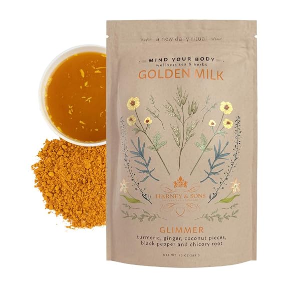 Harney & Sons Golden Milk Powder Wellness Blend, 10 Oz Bag | Caffeine-free blend with organic turmeric, ginger, coconut, black pepper, and chicory root.