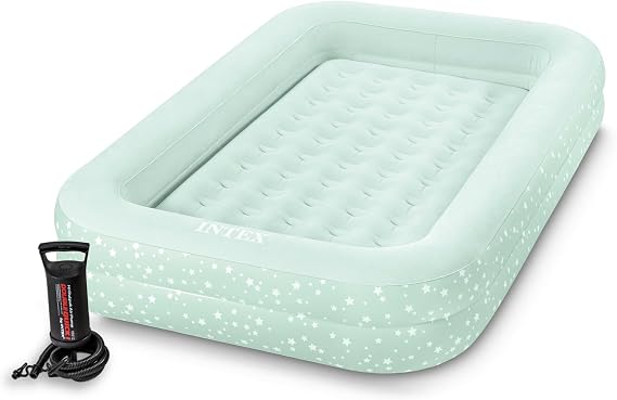 Intex Kids Travel Air Mattress Inflatable Bed with Raised Sides and Hand Pump - Portable Blow-Up Toddler Traveler Bed for Children's Naps or Sleep