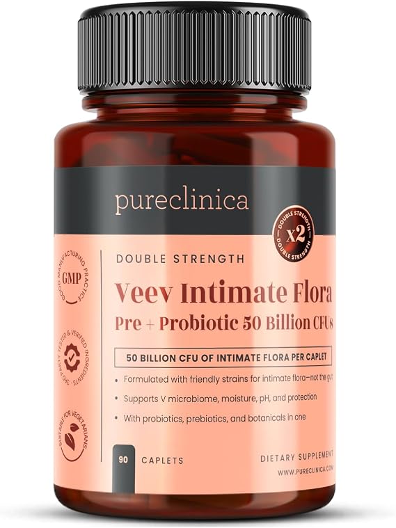pureclinica Veev Intimate Flora - Vaginal & Gut Microbiome Support 50 Billion CFU Probiotics, Prebiotics, Cranberry, D-Mannose, Hyaluronic Acid 90 Caplets 3 Month Supply