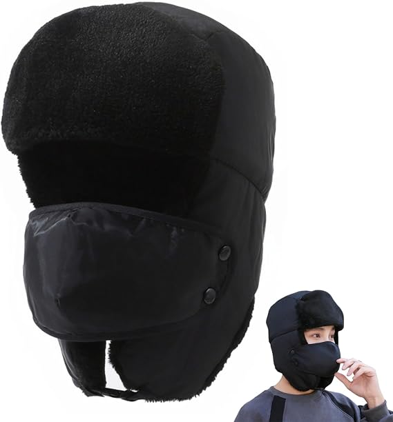 Trapper Hat with Ear Flaps, Russian Ushanka Winter Hat for Men, Warm and Windproof Skiing Hat, Adjustable Winter Hats for Outdoor Activities Black