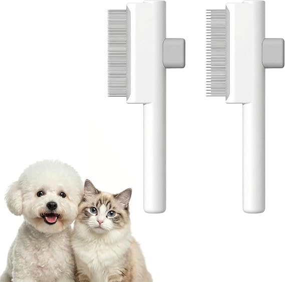 2Pcs Cat Dog Comb Set - Self-Cleaning Flea Comb for Cats Dogs Stainless Steel Round Teeth Grooming Brush with Release Button Removes Matted Loose Fur