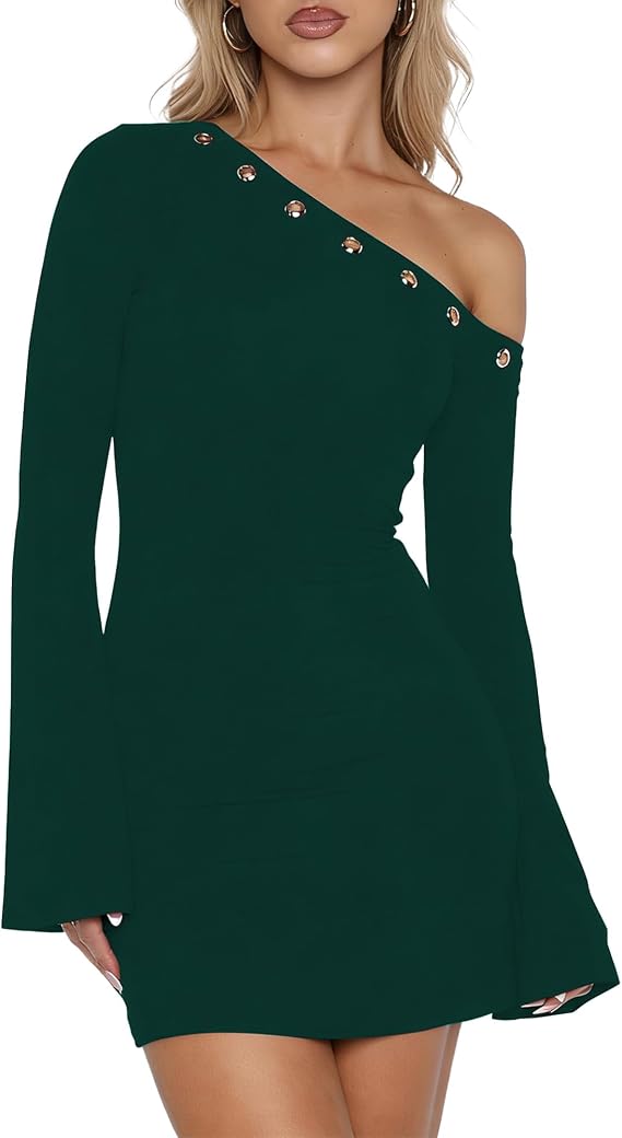 Women's One Shoulder Long Sleeve Mini Dresses