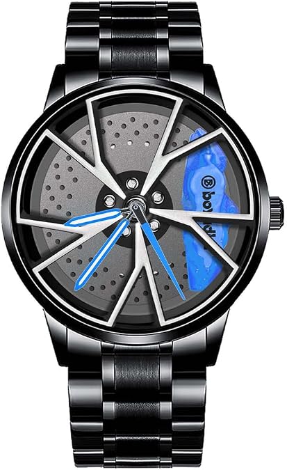 Wheel Watch for Men, Spinning Rim With Japanese Quartz Movement, Stainless Steel Waterproof Wrist Watch With Hub Racing Design for Car Enthusiasts
