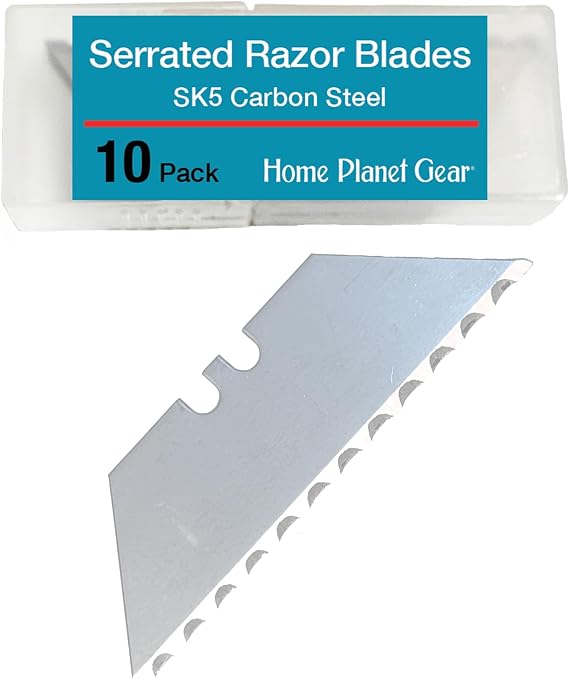 Serrated Blades for Utility Knife Ten Pack Heavy Duty SK5 Saw Razors for Box Cutter Replacement in Convenient Storage Box Serrated Edge Razors 10 Pack, Standard Size - Fits Most Cutters & Knives
