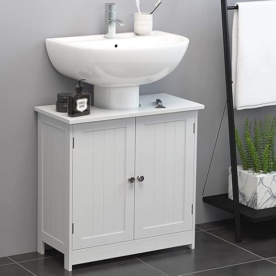 Under Sink Vanity Cabinet Free Standing Modern Bathroom Sink Cabinet with Pedestal Hole White Bath Storage Cupboard with 2 Doors & Shelves Space Saver Organizer (23.6" x 11.4" x 23.6")