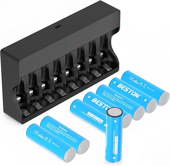 BESTON Rechargeable Lithium AA Batteries with Charger, 3071mWh 8 Pack 1.5V Double A Battery Rechargeable Batteries for Blink Camera,Doorbell,Xbox