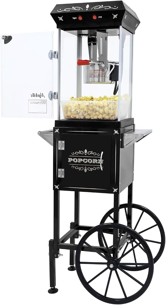 Popcorn Machine Maker With 8 Oz Kettle Makes Up to 45 Cups Popcorn Machine Cart Vintage-Style Popper on Wheels Popcorn Machines for Home (Black)