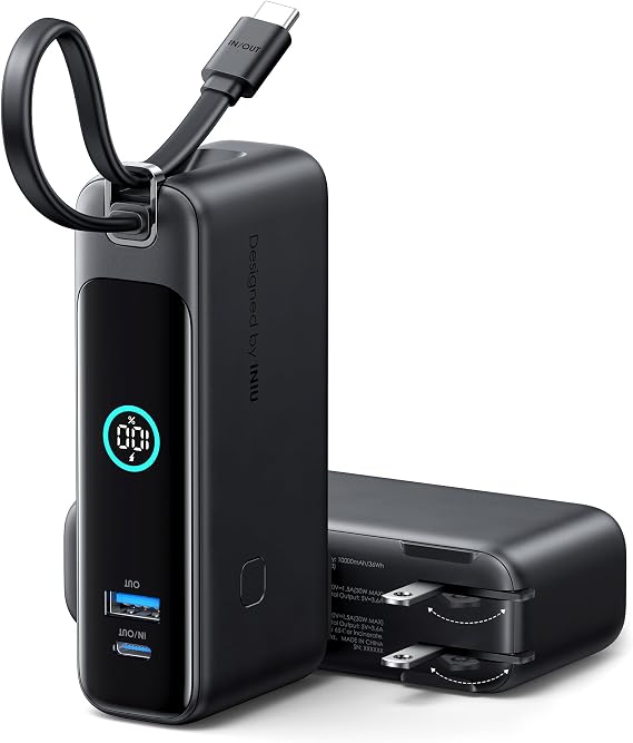 INIU 30W Fast Charging Portable Charger, with Built-in Cable & AC Wall Plug