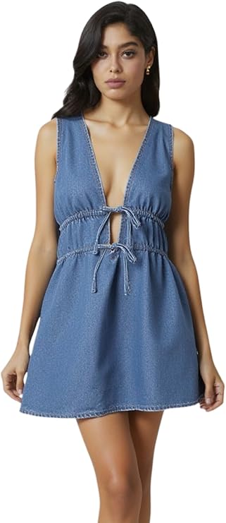 Women's Tie Front Mini Denim Dress Deep V Neck Sleeveless Y2k Jean Dresses