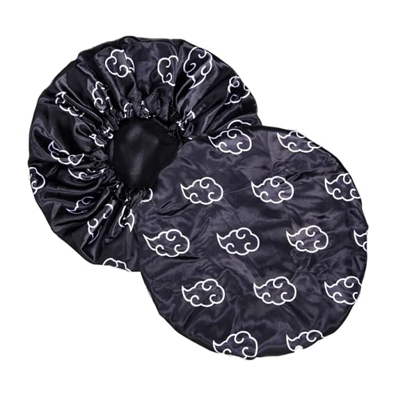 Anime Bonnet with Elastic Soft Band Adjustable Women and Men Silky Bonnets for Sleeping Comfortable Satin Fabric, Black Akat