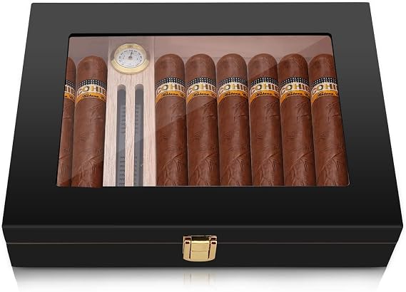 Bald Eagle High Gloss Cigar Humidor Cigar Box for 10-15 Cigars, Real Solid Spanish Cedar Wood, Luxury Hygrometer and Humidifier, Desktop Humidors Gloss Black