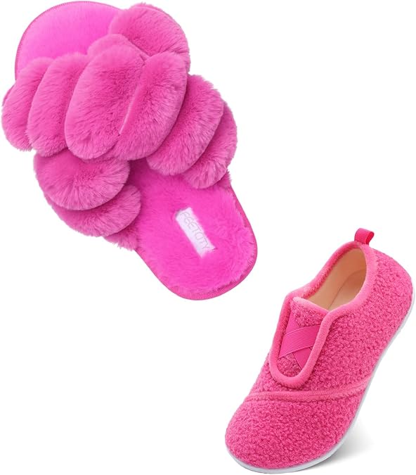 JIASUQI Cross Open Toe Fuzzy Fluffy House Slippers for Women Cozy Memory Foam Plush Criss Cross Furry Slides Slippers Rose Pink 8-9