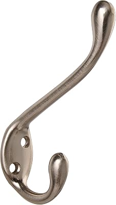 HASWARE 6 PCS Double Prong Robe Hook, Dual Coat Hooks with 12 Pieces Screws Antique Wall Mounted Hooks Robe Vintage Hooks Hangers Large Heavy Duty for Hat Clothes Hanger Towel Keys Satin Nickel