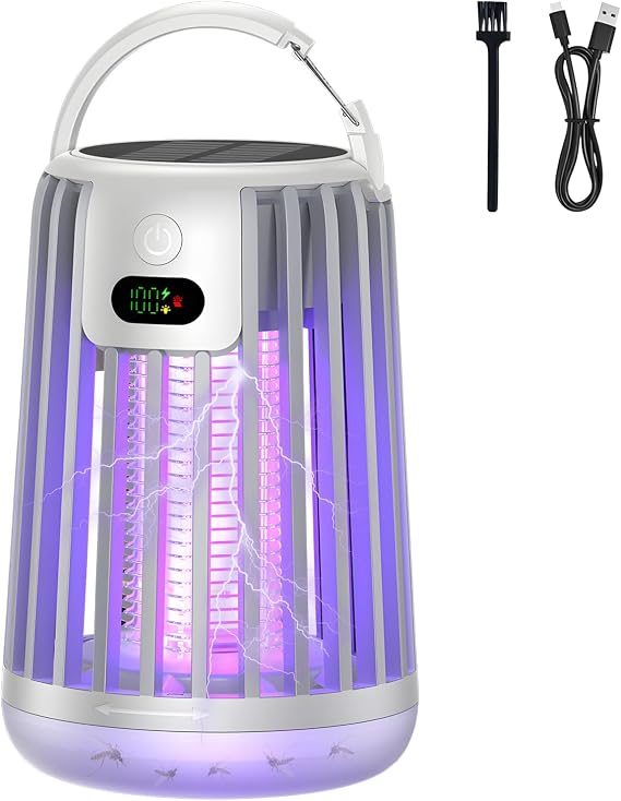 Rechargeable Solar Mosquito Killer Lamp, Portable Electric Outdoor Bug Zapper, Purple Light for Patio, Camping & Garden (White)