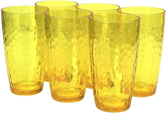 20-Ounce Plastic Tumbler Acrylic Drinking Glasses, Reusable Plastic Cups, Stackable, BPA-Free, Shatter Proof, Dishwasher Safe, Set of 6 (Yellow)