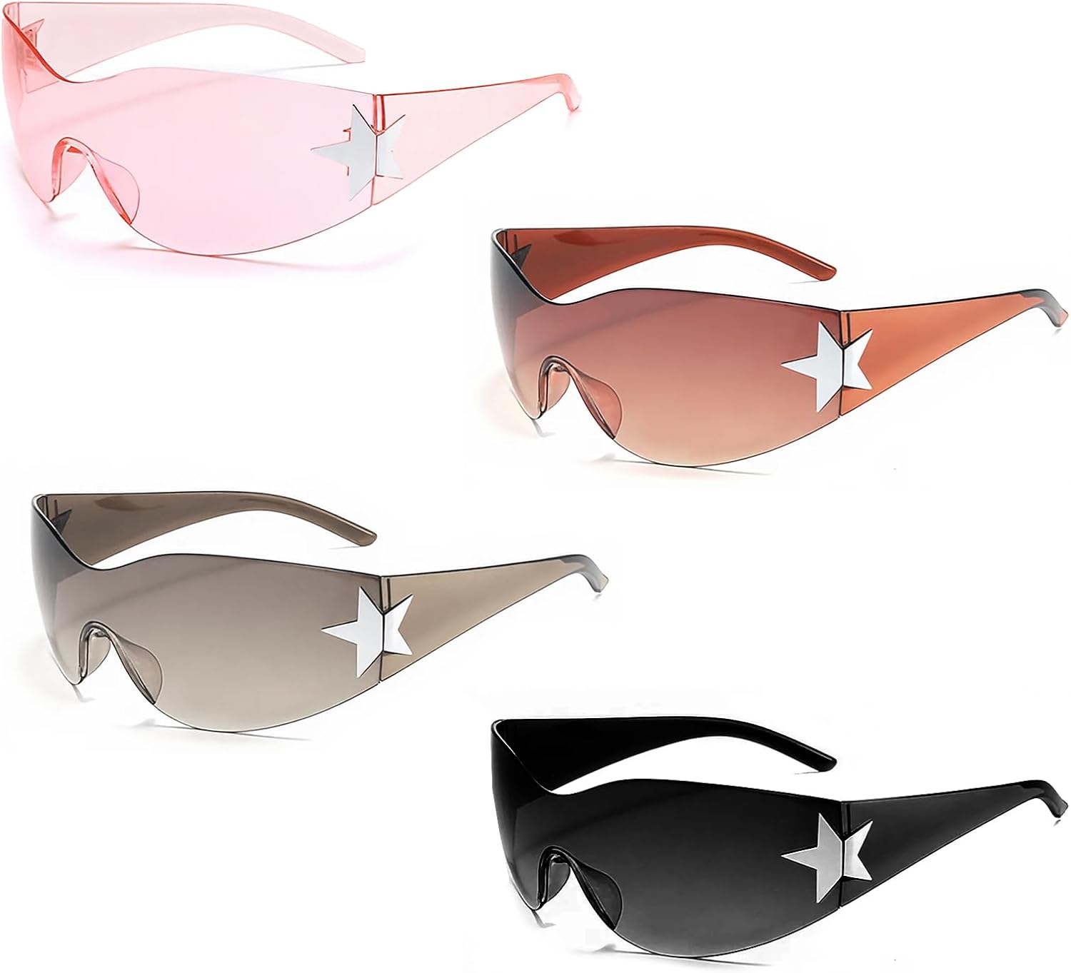 4Pcs Sunglasses, Rimless Wrap Around Sunglasses, Cool Star Fashion Sun Glasses Retro Trendy Womens Oversized Shades for Party Outdoor Music Festivals Fashion Events