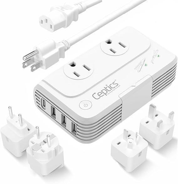 Ceptics 220V to 110V Voltage Converter, 200W, 4 USB, PD 18W Fast Charging | Includes Type C, E/F, G & I plugs. 2 AC outlets for curling irons, straighteners, chargers & travel.