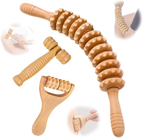 Pack of 3 Wooden Fascia Sticks - Massage Roller with 12 Rolls for Neck Back Legs Feet & Jaw Line - Muscle Relaxation & Lymphatic Drainage - Ideal for Home Office & Travel